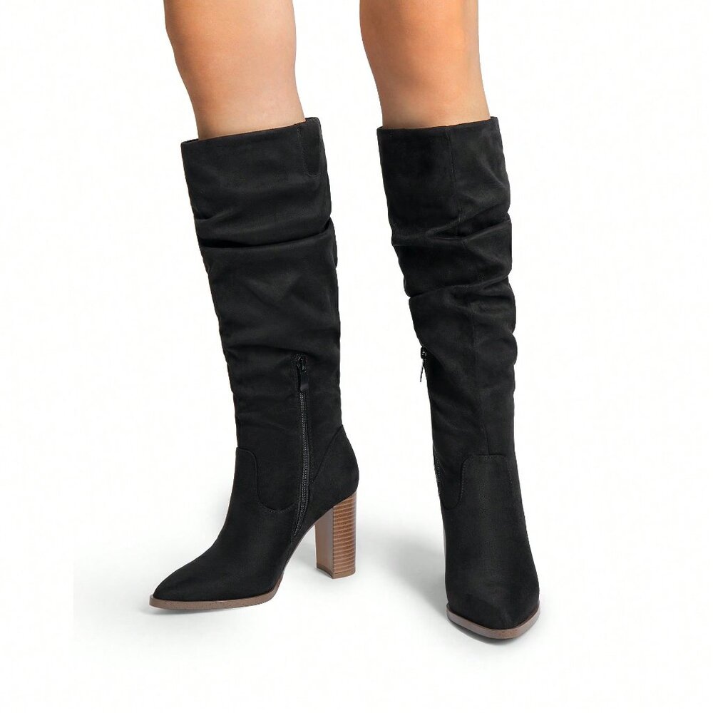 Black Elegant Women's Knee-High Pointed Toe Chunky Block Heel Suede With Side Zi - Picture 10 of 10